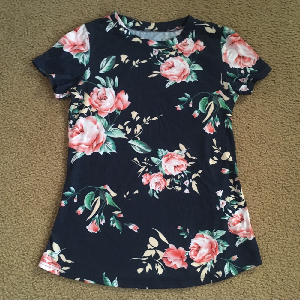 Navy and Pink Floral Tee, Small-Medium